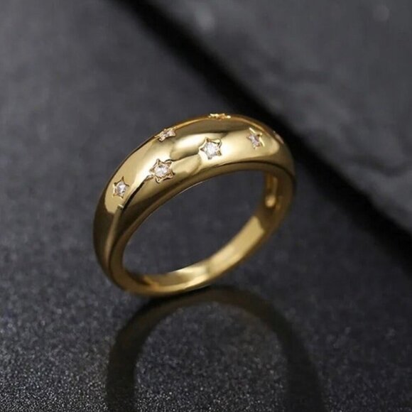 NWT Star Dome Ring 18K Yellow Gold Plated Encrusted With Cubic Zirconia SZ.9 - Picture 6 of 10
